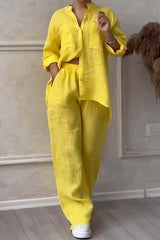Leinen-Set für Frauen - luftige Bluse & weite Hose – Gelb