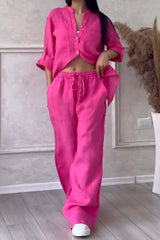 Leinen-Set für Frauen - luftige Bluse & weite Hose – Rosa