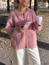 Lässiger Stil Lockere Einfarbige Langarm-Cardigan – Pink