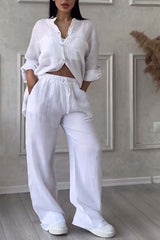 Leinen-Set für Frauen - luftige Bluse & weite Hose – Weiß