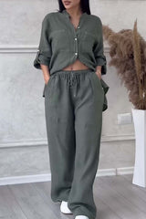 Leinen-Set für Frauen - luftige Bluse & weite Hose – Armeegrün