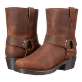 Damen-Mid-Cut-Lederstiefel im Bikerstil mit Harness-Detail – Schwarz