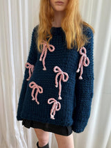 Exquisiter Bogen Crew Neck Lockere Pullover – Blau