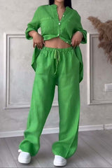 Leinen-Set für Frauen - luftige Bluse & weite Hose – Grün