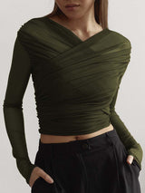 Damen Überkreuzte Front Lang Shirt – Armeegrün