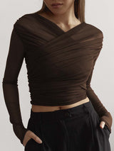 Damen Überkreuzte Front Lang Shirt – Dunkelbraun