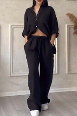 Leinen-Set für Frauen - luftige Bluse & weite Hose – Schwarz