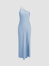 Langes Satinkleid mit Schlitz & offenem Rücken – Elegantes Abendkleid – Blau