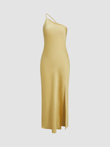 Langes Satinkleid mit Schlitz & offenem Rücken – Elegantes Abendkleid – Gelb