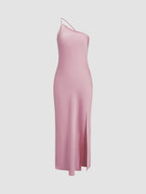 Langes Satinkleid mit Schlitz & offenem Rücken – Elegantes Abendkleid – Rosa