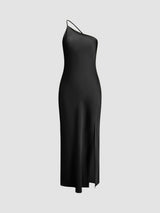 Langes Satinkleid mit Schlitz & offenem Rücken – Elegantes Abendkleid – Schwarz