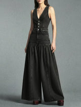Lässiger Damen-Jeansoverall mit weitem Bein – Schwarz