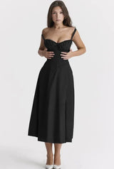 Elegantes Damen Sommerkleid – A-Linie, Midi, Schlitz – Schwarz