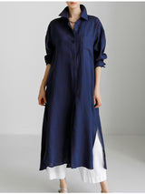 Karolin | Damen Langarm Hemdblusenkleid Midi – Marineblau
