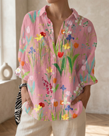 Katrin | Damen Bluse mit tropischem Print – Rosa Gelb Druck