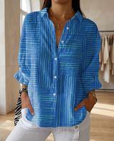 Katrin | Damen Bluse mit tropischem Print – Blauer Streifen