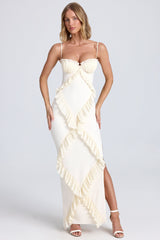 Hedi | Rüschenbesatz Spaghetti-Träger-Maxikleid – Beige