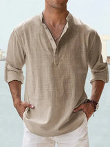 John | Luftiges Leinenhemd mit Henley-Kragen – Khaki