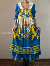 Bedrucktes Maxikleid für Damen im Schweden-Stil – blau