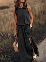 Klara | Damen Ärmelloses Rundhals Maxikleid – Schwarz