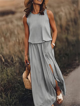 Klara | Damen Ärmelloses Rundhals Maxikleid – Grau