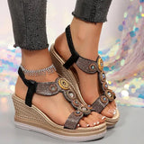 Klara | Damen Schmuckstein Keilabsatz Sandalen – Schwarz