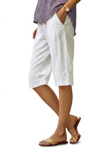 Knielange Damen-Leinenshorts mit weitem Bein – Weiß