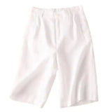 Knielange Damen-Shorts mit Bundfalten aus Leinenmischgewebe – Weiß