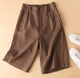 Knielange Damen-Shorts mit Bundfalten aus Leinenmischgewebe – Braun