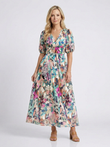 Konstanze | Damen V-Ausschnitt Blumendruck Midi Kleid – Blau
