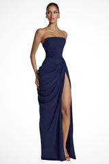 Kordelia | Damen Trägerloses Gerafftes Maxikleid – Dunkelblau