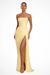 Kordelia | Damen Trägerloses Gerafftes Maxikleid – Gelb