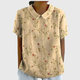 Kurzärmelige Damenbluse mit Blumenmuster und Bubikragen – Hellgelb