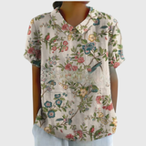 Kurzärmelige Damenbluse mit Blumenmuster und Bubikragen – Weiß 5