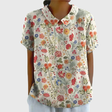 Kurzärmelige Damenbluse mit Blumenmuster und Bubikragen – Weiß 6