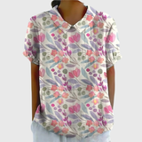 Kurzärmelige Damenbluse mit Blumenmuster und Bubikragen – Weiß 7