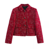 Kurze Damenjacke mit Karomuster und Knopfverschluss – Rot