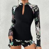 Langärmliger Rashguard-Badeanzug mit Frontreißverschluss und Blumenmuster für Damen – Olivgrünes Blumenmuster