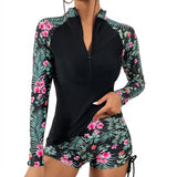 Langärmliger Rashguard-Badeanzug mit Frontreißverschluss und Blumenmuster für Damen – Tropisches Rosa