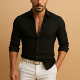 Langärmliges Button-Down-Hemd für Herren mit Kragen und Krempelärmeln – Schwarz