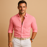 Langärmliges Button-Down-Hemd für Herren mit Kragen und Krempelärmeln – Rosa