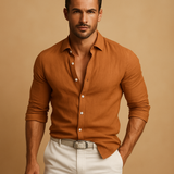 Langärmliges Button-Down-Hemd für Herren mit Kragen und Krempelärmeln – Karamell