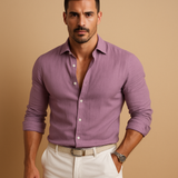 Langärmliges Button-Down-Hemd für Herren mit Kragen und Krempelärmeln – Flieder