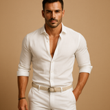 Langärmliges Button-Down-Hemd für Herren mit Kragen und Krempelärmeln – Weiß