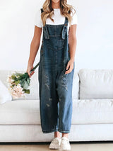 Weite Latzhose aus Jeans | Used-Effekt | Lässiger Vintage-Stil – Dunkelblau