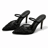 Leandra | Damen Bestickte Slingback Pumps mit spitzer Zehenpartie – Schwarz