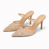 Leandra | Damen Bestickte Slingback Pumps mit spitzer Zehenpartie – Beige