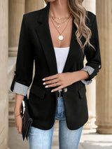 Leandra | Damen Blazer Reverskragen 3/4-Ärmel Streifenaufschlag – Schwarz