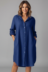 Leandra | Damen Hemdblusenkleid mit Langarm – Dunkelblau