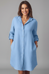 Leandra | Damen Hemdblusenkleid mit Langarm – Blau